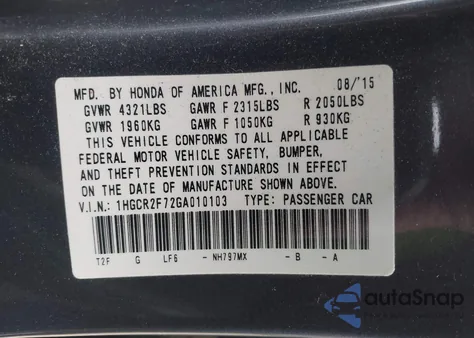 2016 Honda Accord Ex from USA, damaged, VIN 1HGCR2F72GA010103